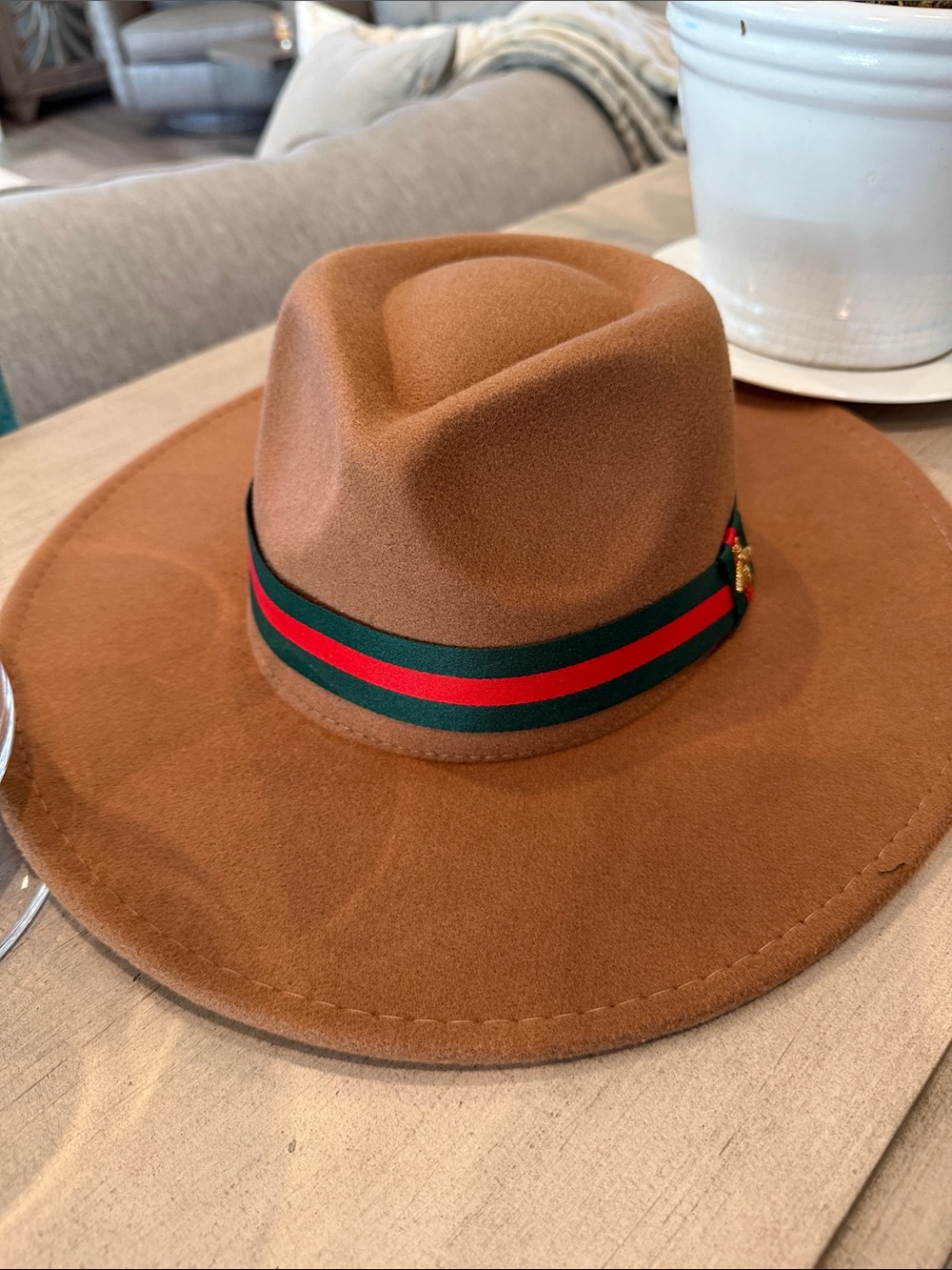 Brown Wide-Brim Wool Fedora with Striped Band